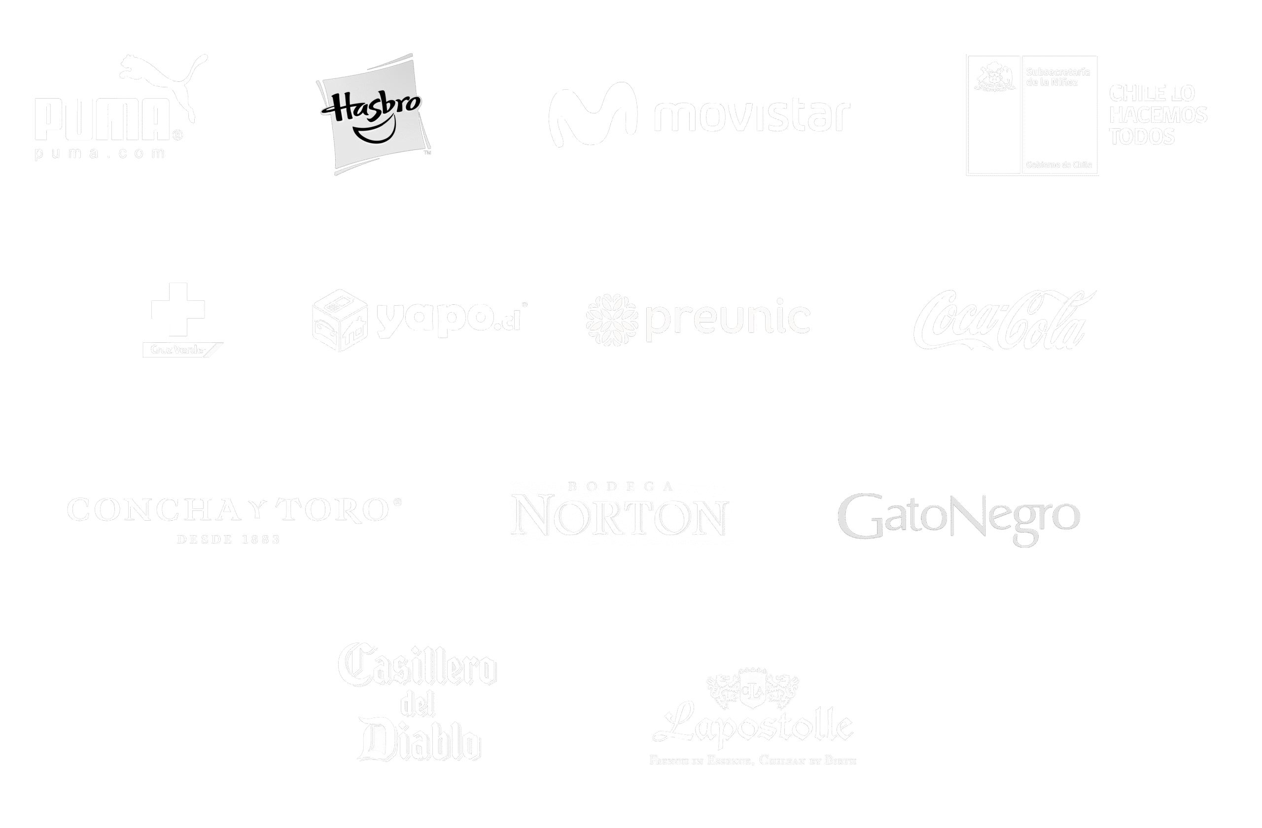 logos cuadrado Logos de diversas marcas se presentan en la imagen. En la parte superior, se encuentran los logos de Puma, Hasbro, Movistar, y Coca-Cola. En la siguiente fila, destacan los logos de Cruz Verde, yapo.cl, preunic, y una marca relacionada con vinos. En la parte inferior, aparecen los logos de Concha y Toro, Bodega Norton, Gato Negro, Casillero del Diablo y Lapostolle. Cada logo tiene un diseño distintivo que representa a su respectiva marca.