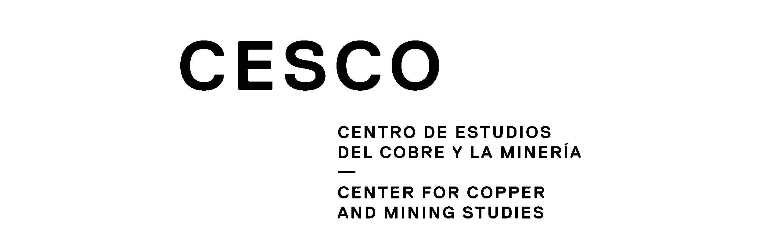 logos_cesco__0019_CDD Logotipo del Centro de Estudios del Cobre y la Minería (CESCO). El diseño incluye el nombre "CESCO" en letras grandes y negritas, seguido de la descripción en español e inglés: "Centro de Estudios del Cobre y la Minería" y "Center for Copper and Mining Studies". El estilo es moderno y minimalista, con un enfoque en la tipografía.