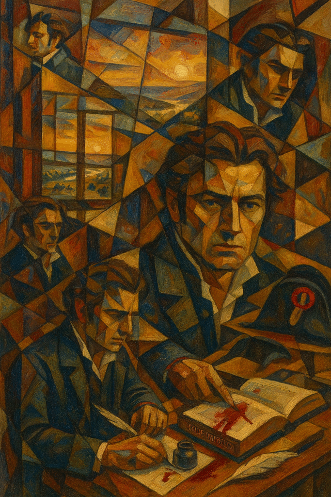 La imagen presenta una composición en estilo cubista, donde se destacan varias figuras de un hombre en diferentes posturas. En el centro, un hombre con una expresión seria está sentado frente a una mesa, escribiendo con una pluma y un tintero. En la mesa hay un libro abierto con una mancha roja que sugiere un derramamiento. Al fondo, se observa una ventana que muestra un paisaje al atardecer, con tonalidades cálidas que contrastan con los colores más oscuros de las figuras. Las formas geométricas y los ángulos agudos crean una sensación de dinamismo y profundidad.