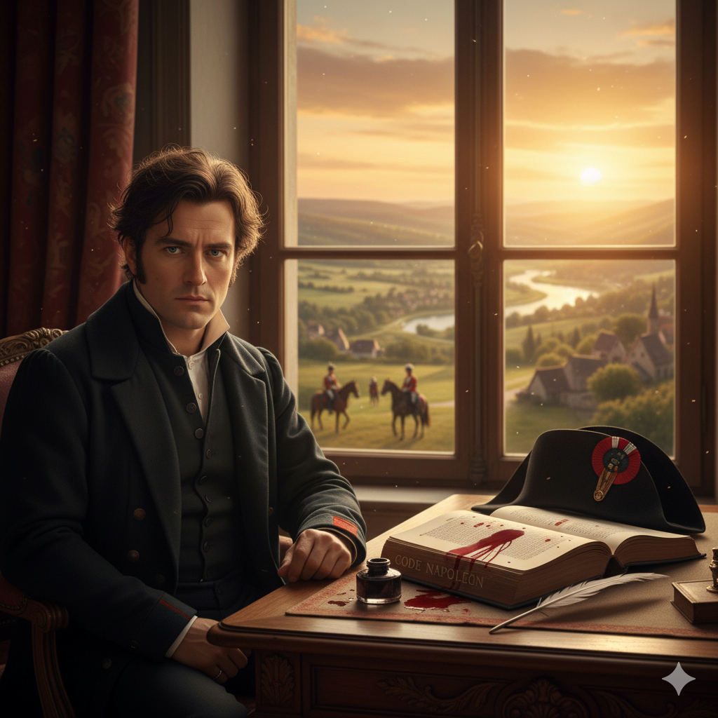 Un hombre con cabello oscuro y ondulado se sienta en un escritorio elegante, luciendo una expresión seria. Lleva un abrigo negro y una camisa blanca. En la mesa hay un libro titulado "Code Napoléon", con manchas de sangre sobre él, junto a una pluma y un tintero. Detrás de él, se puede ver una ventana grande que da a un paisaje rural al atardecer, donde dos jinetes montan a caballo. La escena transmite una atmósfera de tensión y reflexión.