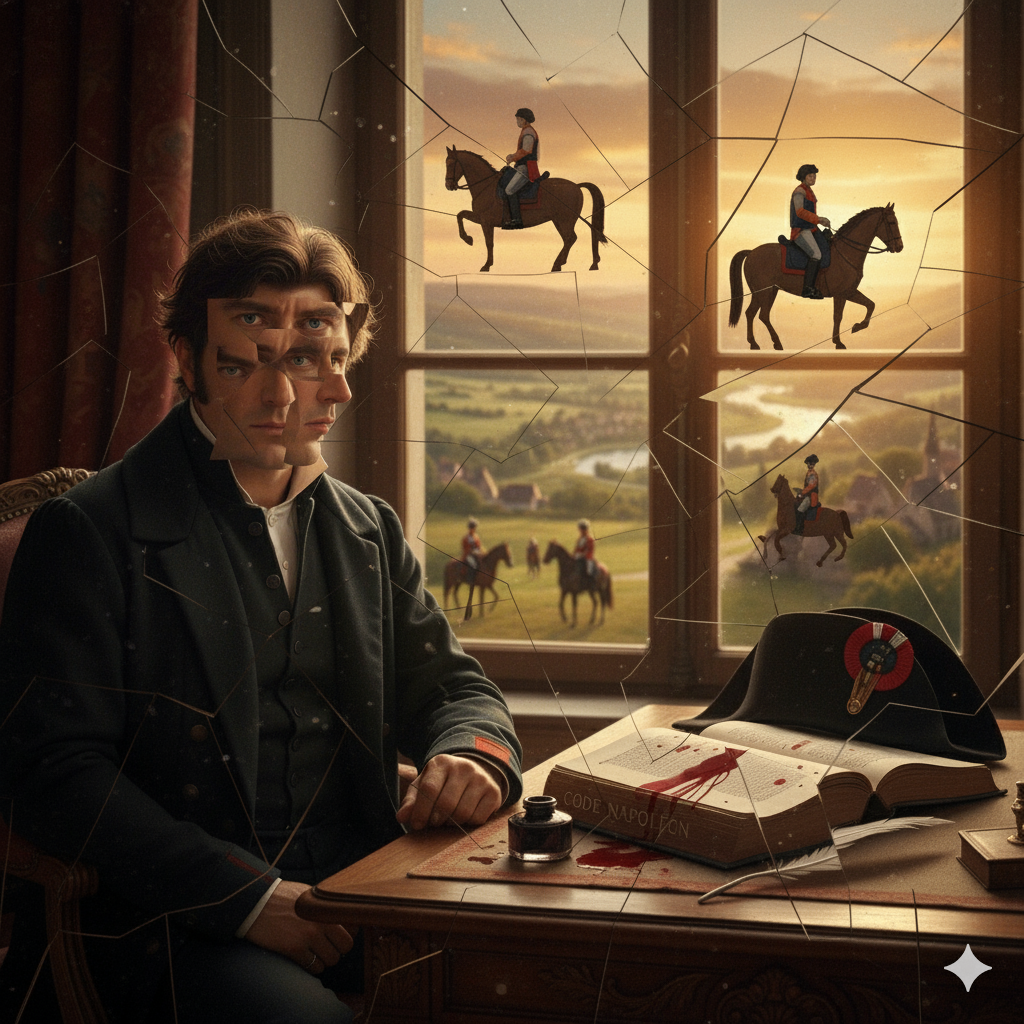 Un hombre con un atuendo del siglo XIX se sienta en una mesa, mostrando una expresión pensativa. Su rostro parece fragmentado, como si tuviera múltiples perspectivas. En la mesa hay un libro titulado "CODE NAPOLÉON", un tintero y una pluma, con manchas de sangre visibles. Detrás de él, a través de una ventana, se pueden ver figuras montando a caballo en un paisaje campestre al atardecer, con un río y colinas en el fondo. La escena transmite una sensación de tensión y reflexión.