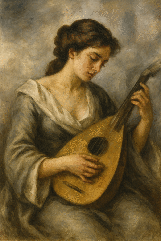 Una mujer con cabello castaño oscuro, recogido en un moño, toca una laúd. Su expresión es serena y está concentrada en la música. Lleva un vestido de tonos suaves, con un escote amplio y mangas largas. El fondo es de colores neutros, lo que resalta la figura de la mujer y el instrumento que sostiene con ambas manos. La luz suave ilumina su rostro y el laúd, creando un ambiente nostálgico y artístico.